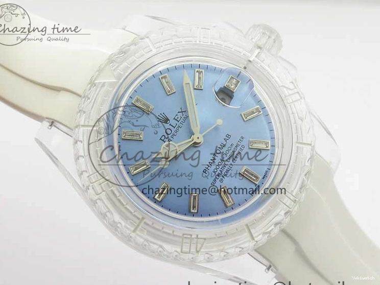 KZF Best Transparent on Phantomlab Rubber Edition VR3135 Dial Blue Light Strap White Submariner 0219